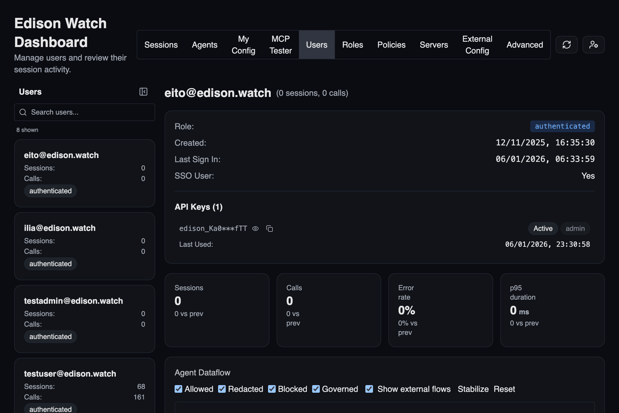 Users page with API keys