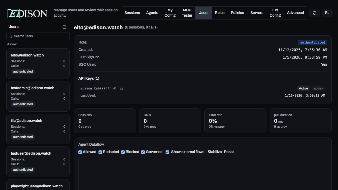 Users page with API keys