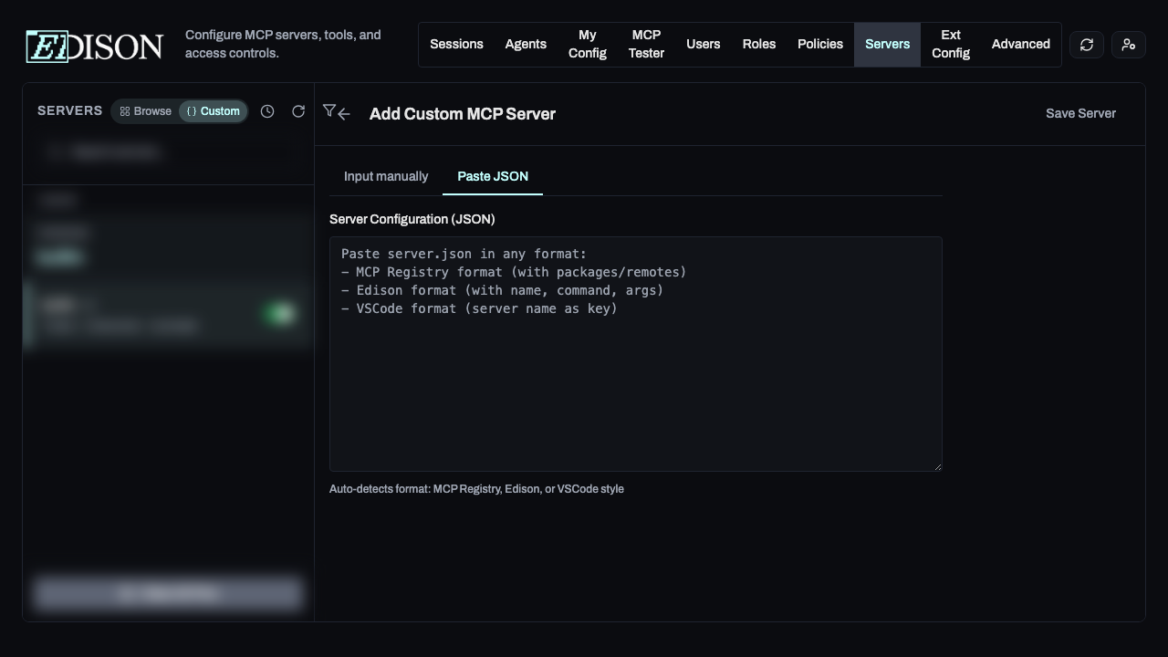 Add Custom MCP Server view