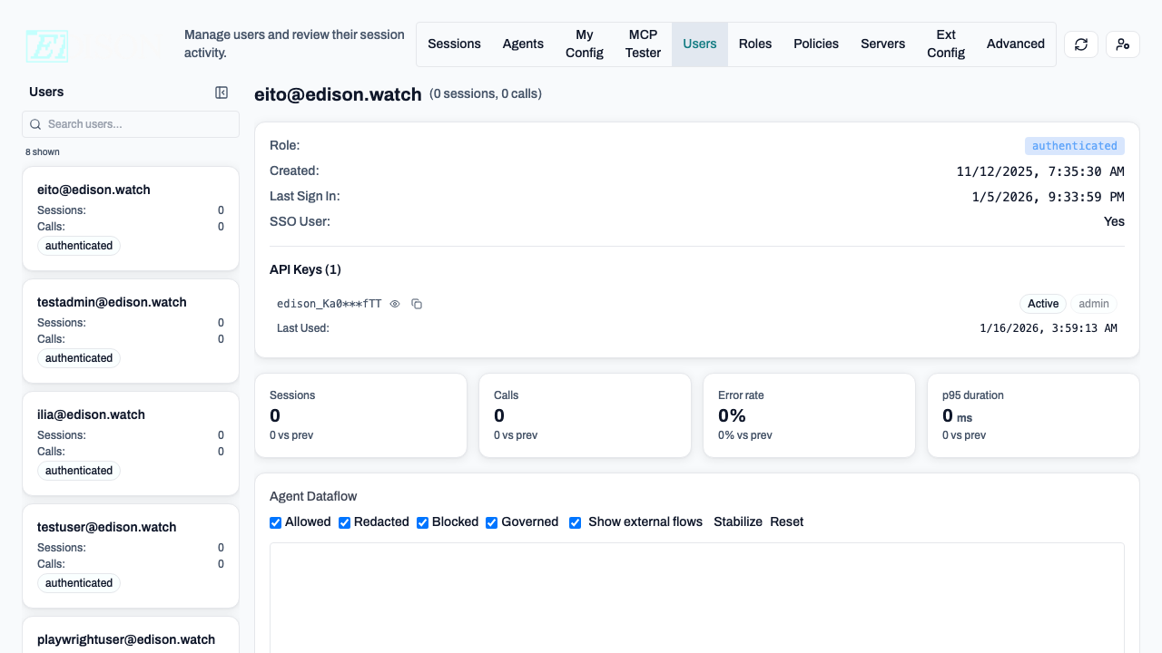 Users page with API keys