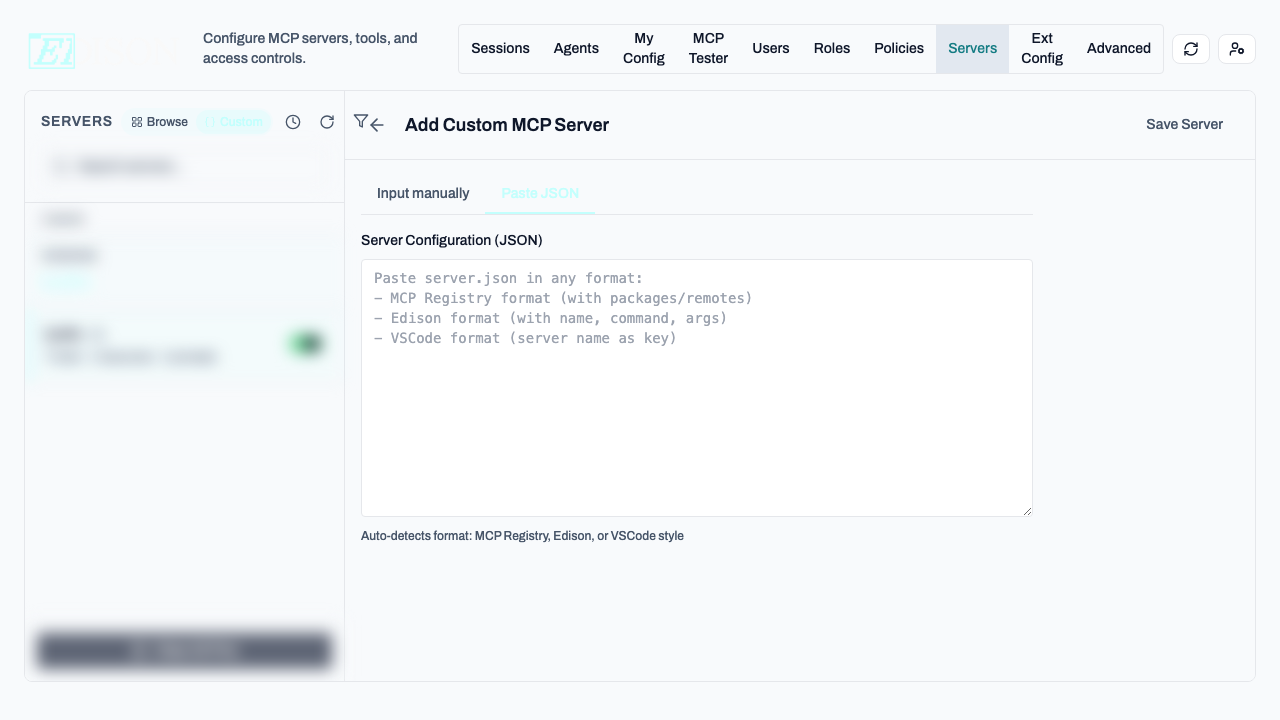 Add Custom MCP Server view